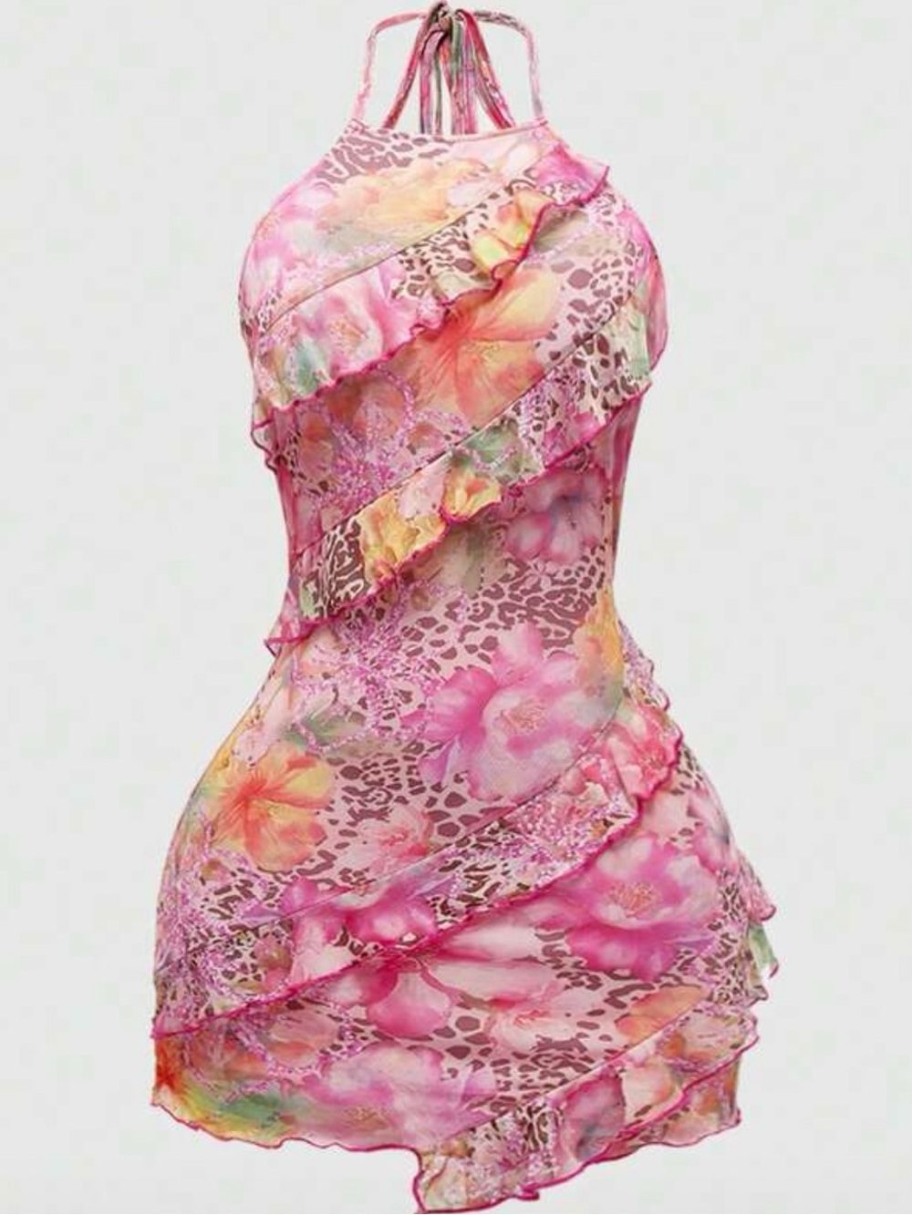 Floral Pink Ruffle Halter Mini Dress - Picture 1 of 4